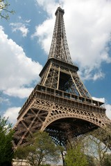 Wide-angle view of the Eiffel Tower in spring