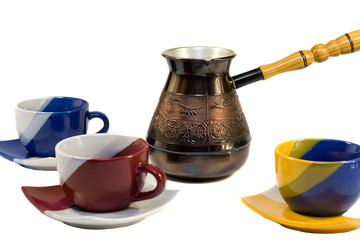 set of coffee cups and vintage pot