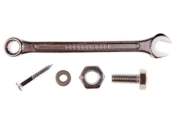 Spanner, nut, bolt and screw on white
