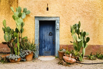 Fotobehang Oude deur Charmante, roestige, versleten deuropening in een warm klimaatland