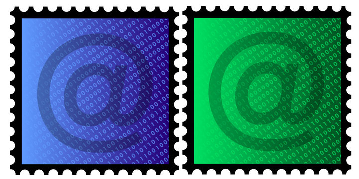 arbige marken mit bin&auml;r code und at-zeichen auf farbverlauf