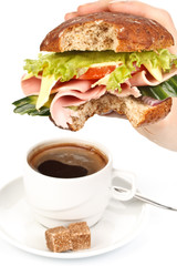 Ham sandwich and coffee