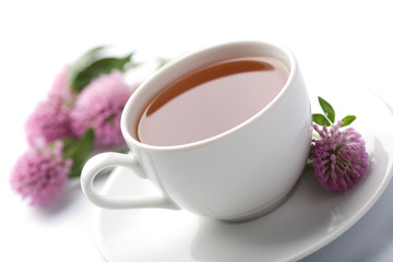 white cup of herbal tea and clover flowers isolated