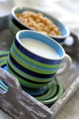 Tray with breakfast on a bed