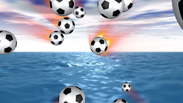 Soccer balls flying,seascape background