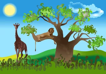 Cercles muraux Zoo girafe et lion