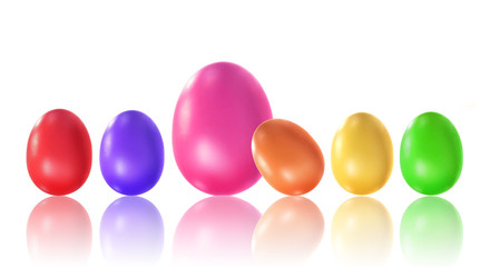 Colored eggs with reflection on white