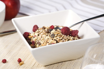muesli with dried fruit in square bowl
