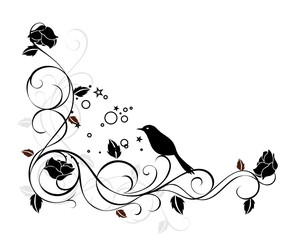 coin floral roses noires et oiseau