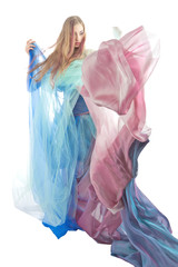 Elegant woman in colorful dress dancing isolated on white