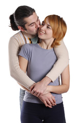 Couple in love smiling. Over white background