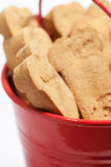 Closeup of brown dog treats in a red bucket.
