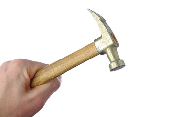 Hand holding hammer on white