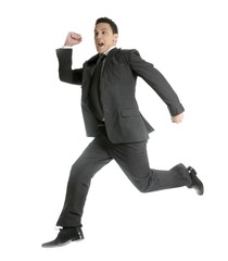 Businessman jumping at studio, full on white