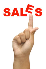 Hand with sales word isolated in white
