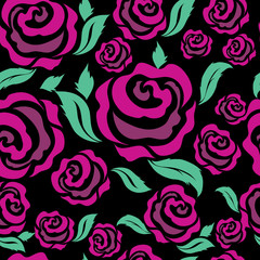 Seamless pattern with bright pink roses on black background