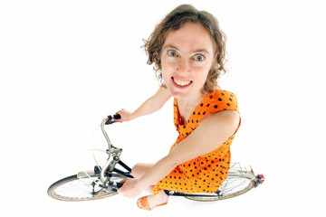 wide angle woman bicycle