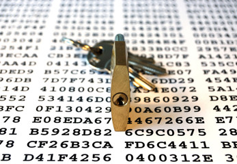 Cipher, keys and padlock symbolizing data encryption