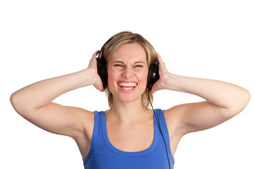 Naklejka premium woman listening to music being happy