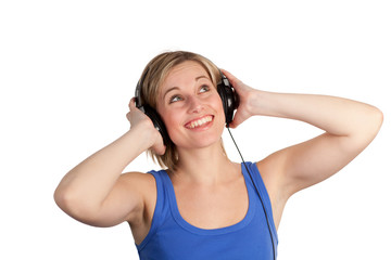 woman listening to music being happy