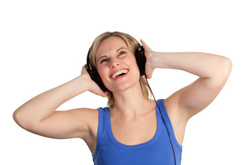 Naklejka premium woman listening to music being happy