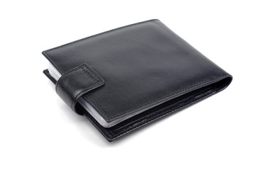 Unused black leather business card holder isolated on white back