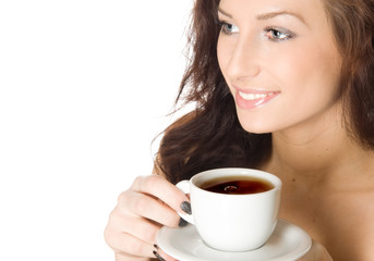 Young woman with a cup of hot drink, isolated on white