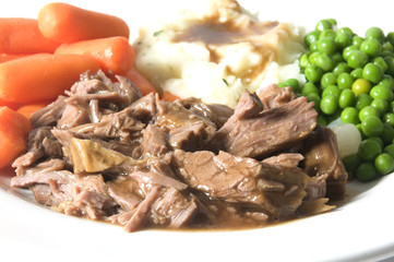 pot roast dinner mashed potatoes carrots green peas