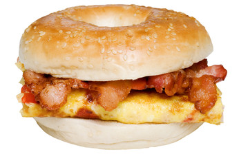 Isolated Bagel Omelet and bacon  sandwich close up