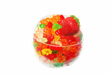 Bears in the jglass ball with one strawberry