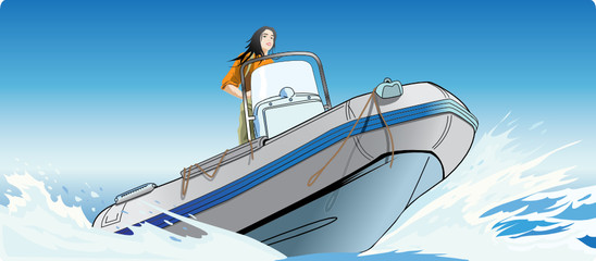 The girl rushing on a fast boat in the high sea.