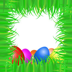Easter frame made of green grass and colof eggs