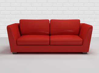 red leather sofa with background of white brick- wall