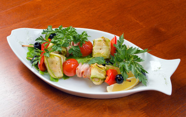 shish kebab from vegetables and meat