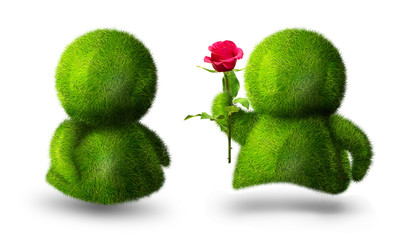 Cute green man giving rose to his beloved one - 12456945