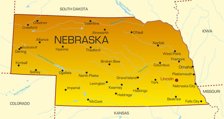 Vector color map of Nebraska state. Usa