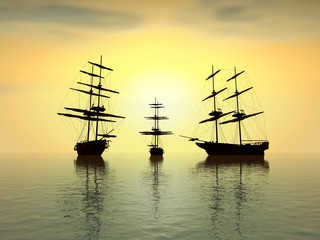 old ship at sunset over the ocean - digital artwork