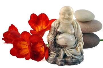 Laughing Buddha, red day-lilies  and balancing stones. - Powered by Adobe