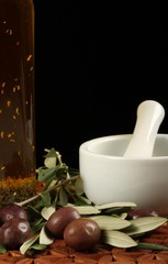 Olives, Olive Oil, Mortar And Pestle
