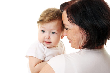 Picture of happy mother with baby over white