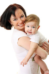 Picture of happy mother with baby over white