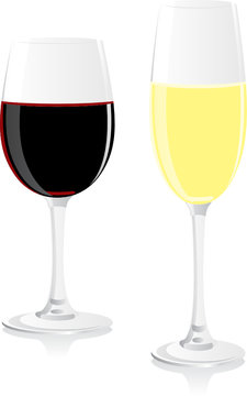 isolated white champagne and red wine glasses