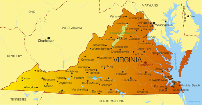 Vector color map of Virginia state. Usa