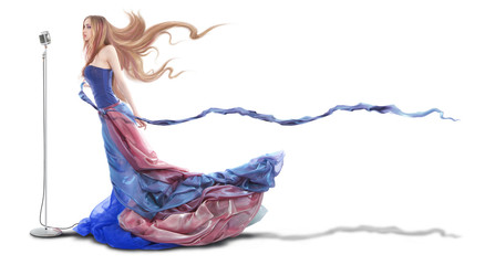 Woman wearing colorful dress sings. Isolated on white.