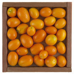 kumquats in a rustic, wooden box