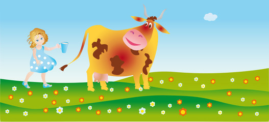 Obraz na płótnie Canvas A cow helps to a little city dweller milk