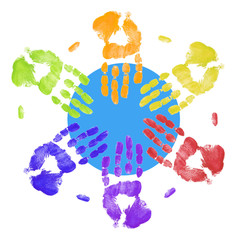 multi colored hands touching globe together