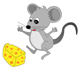 A happy cute looking grey cartoon mouse found some cheese