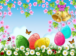 Glossy Easter eggs and golden bells under cherry tree blossoms