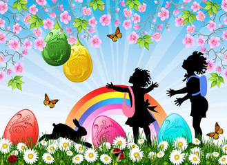 Enfants regardant de gros œufs de Pâques poussant sur des cerisiers